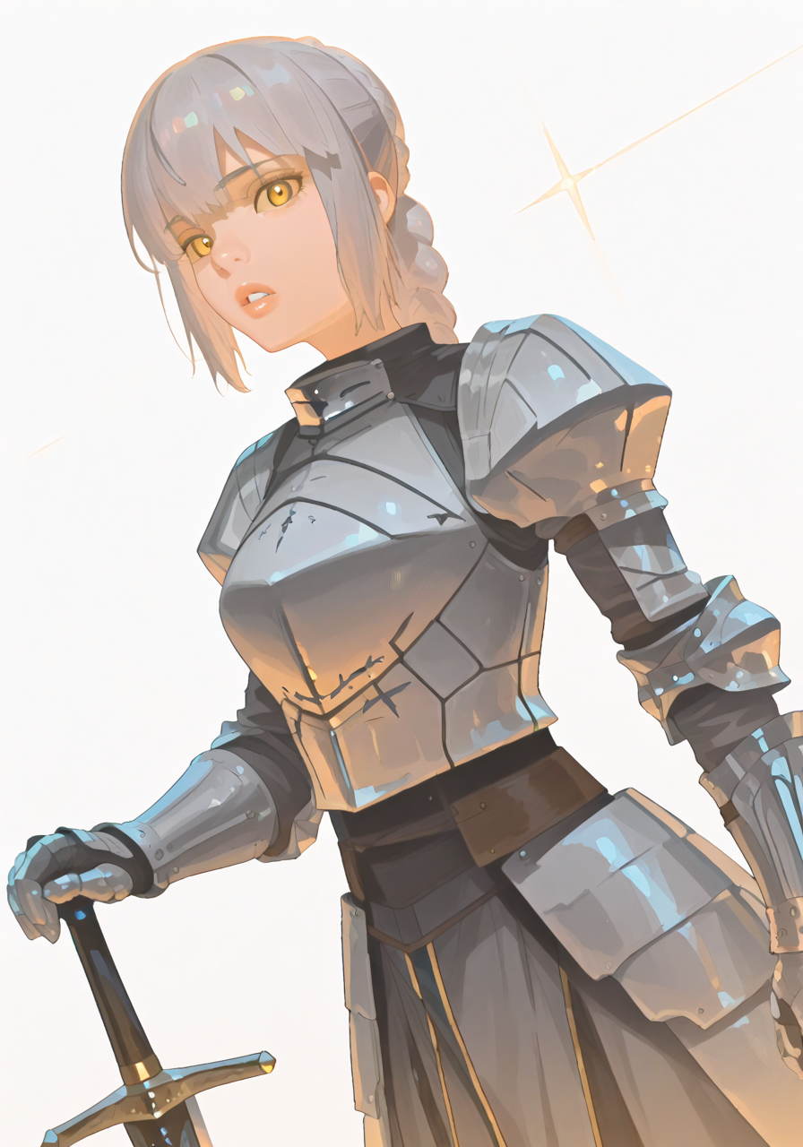 21513-1474936850-1girl, armor, armored gloves, braid, breasts, grey hair, knight, lips, looking at viewer, parted lips, solo, sword, weapon, whit.png
